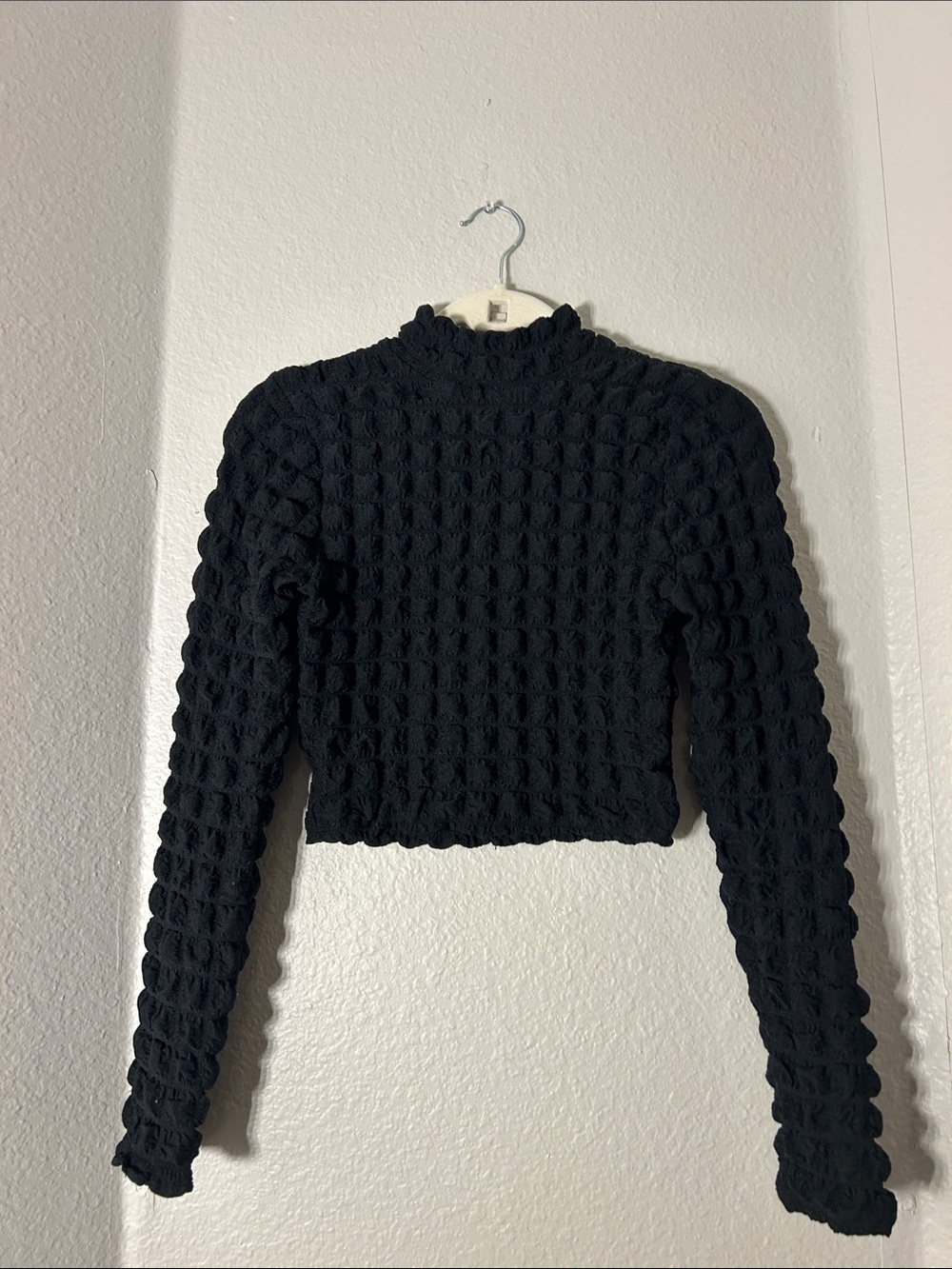 Topshop Black Textured Long-Sleeve Crop Top